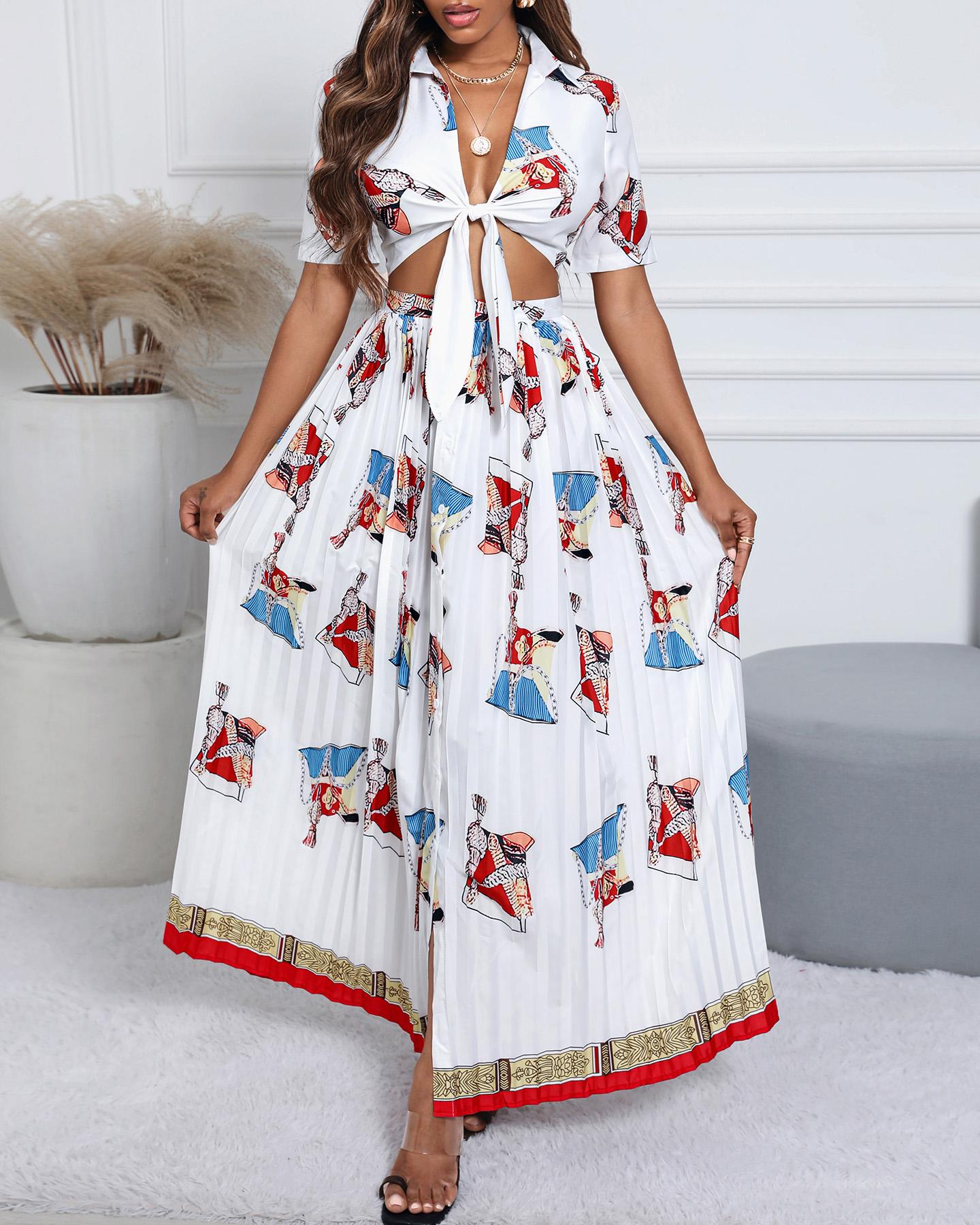 

Graphic Print Tie Front Top & Pleated Skirt Set, White