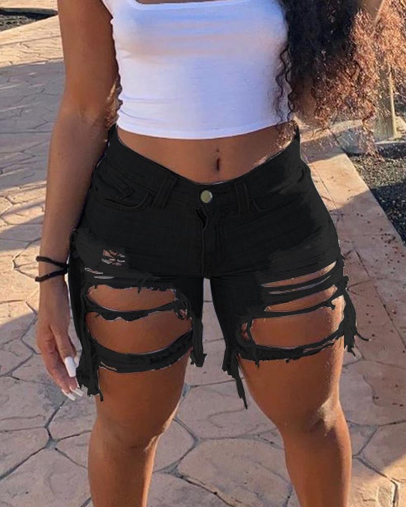 

Zipper Fly Cutout Ripped Raw Hem Denim Shorts, Black