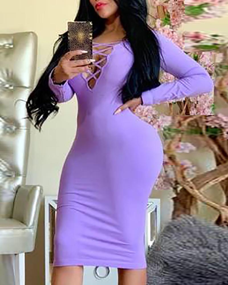 

Solid Lace-up Long Sleeve Bodycon Dress, Purple