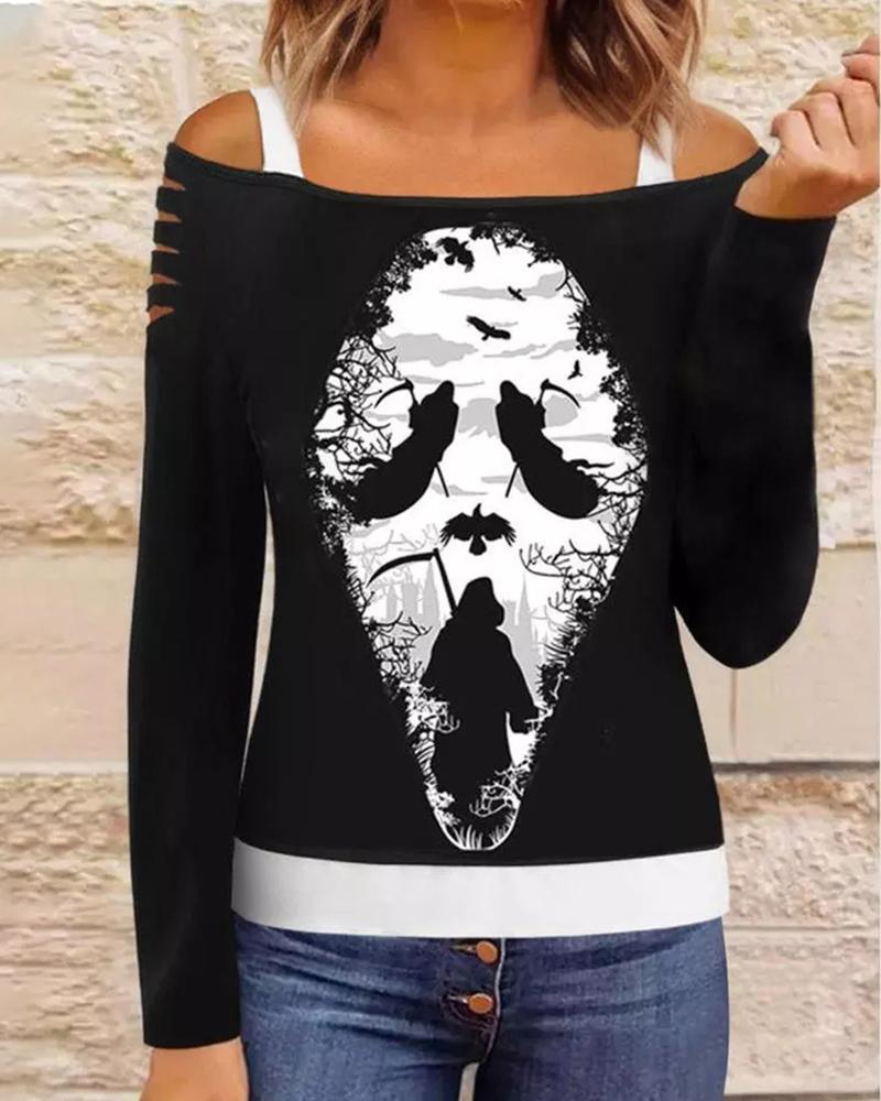 

Halloween Skull Death Novelty Graphic Print Ladder Cutout Top, Black