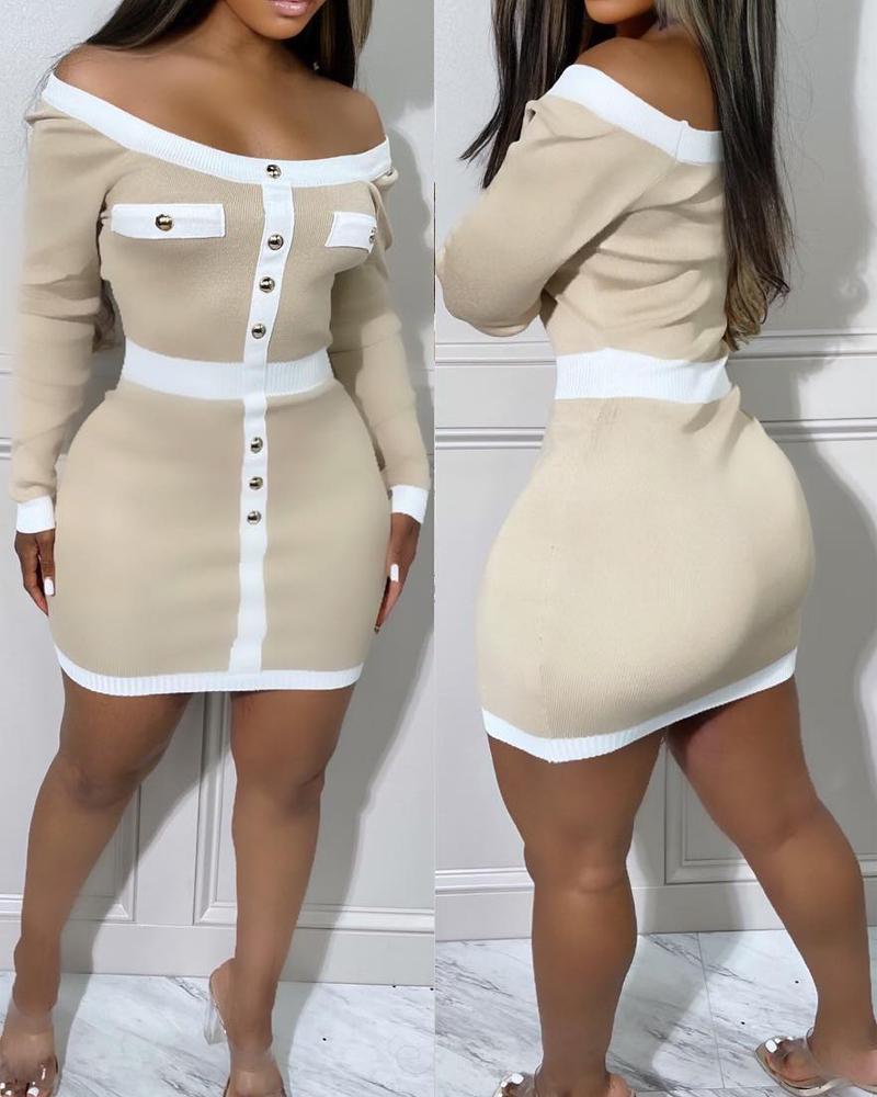 

Contrast Paneled Off Shoulder Bodycon Dress, Apricot