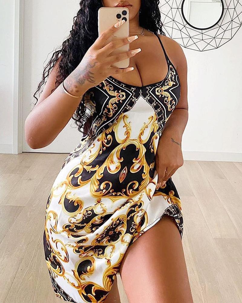 

Baroque Print Spaghetti Strap Dress, Yellow