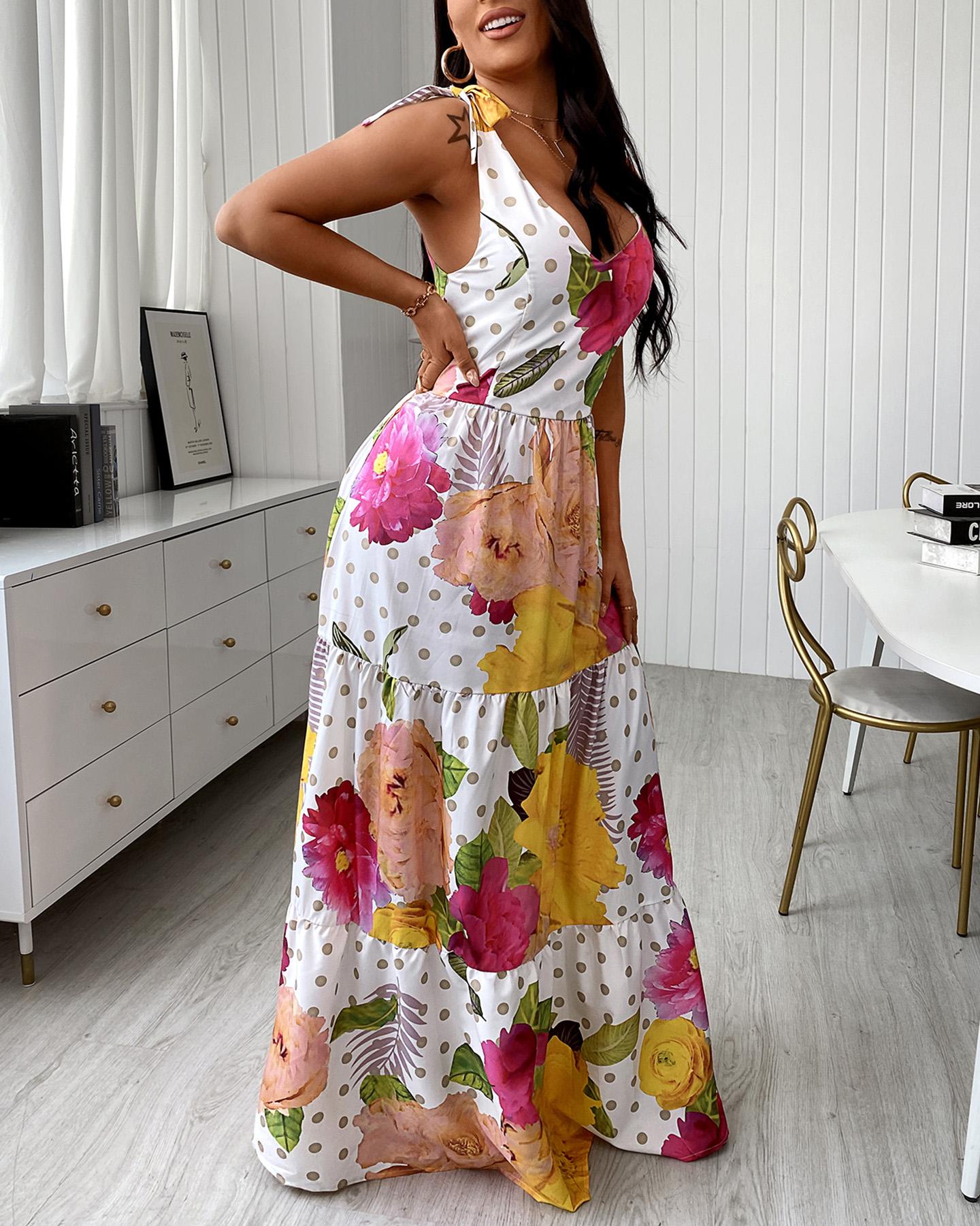 

Floral Print V-Neck Maxi Dress, Multicolor