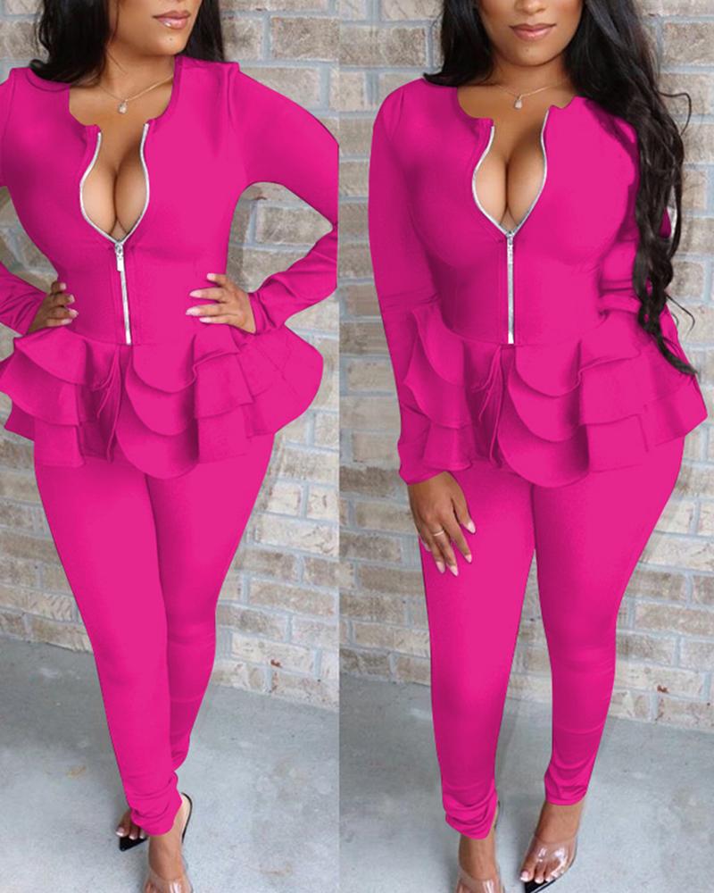 

Zipper Design Layered Ruffles Top & Pants Set, Hot pink