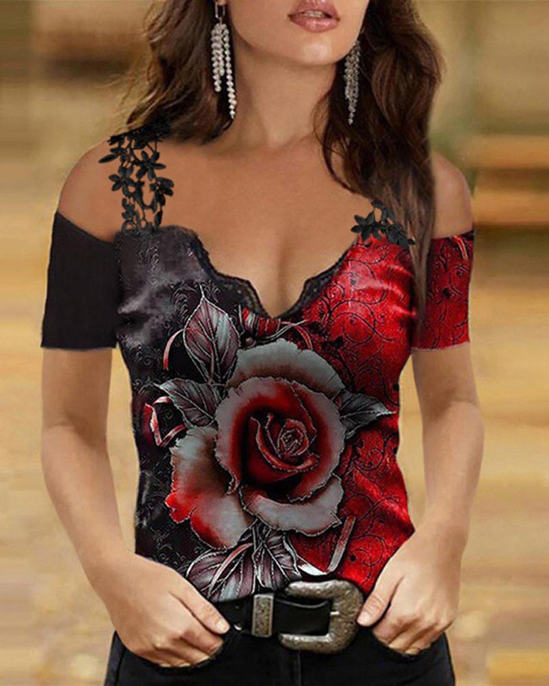 

Floral Print Contrast Lace Cold Shoulder Top, Red