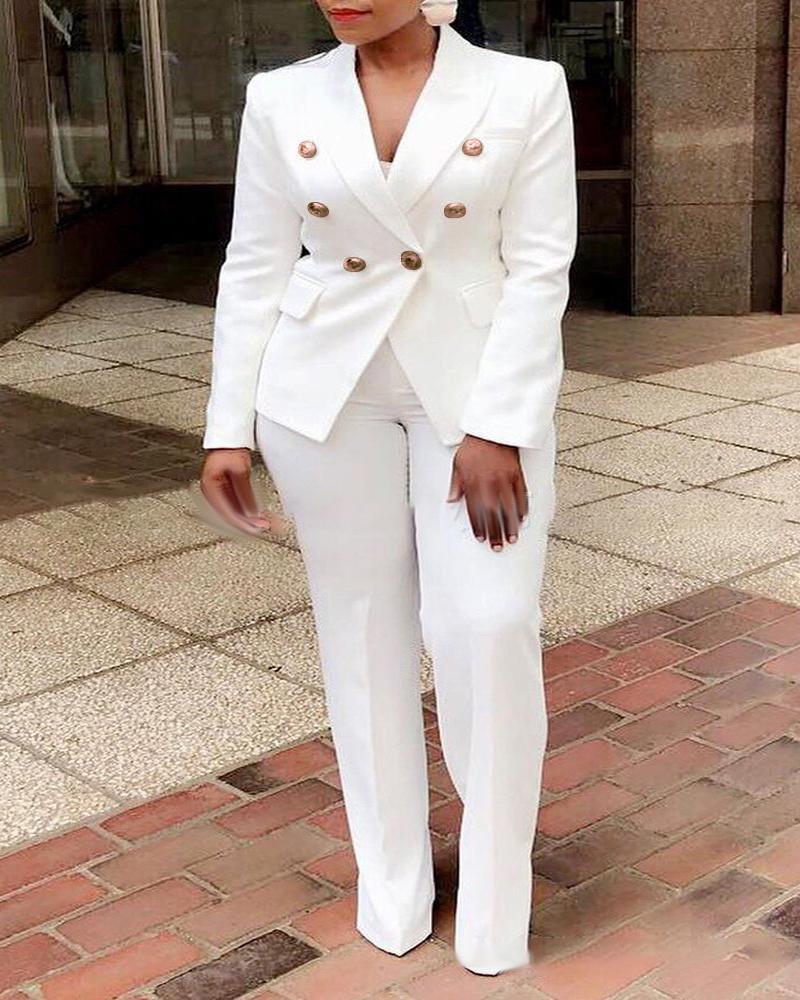 

Plus Size Long Sleeve Double Breasted Blazer & Pants Set, White