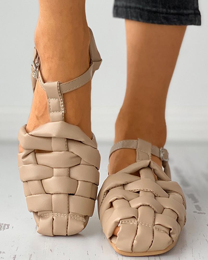 

Braided Square Close Toe Flat Sandals, Apricot