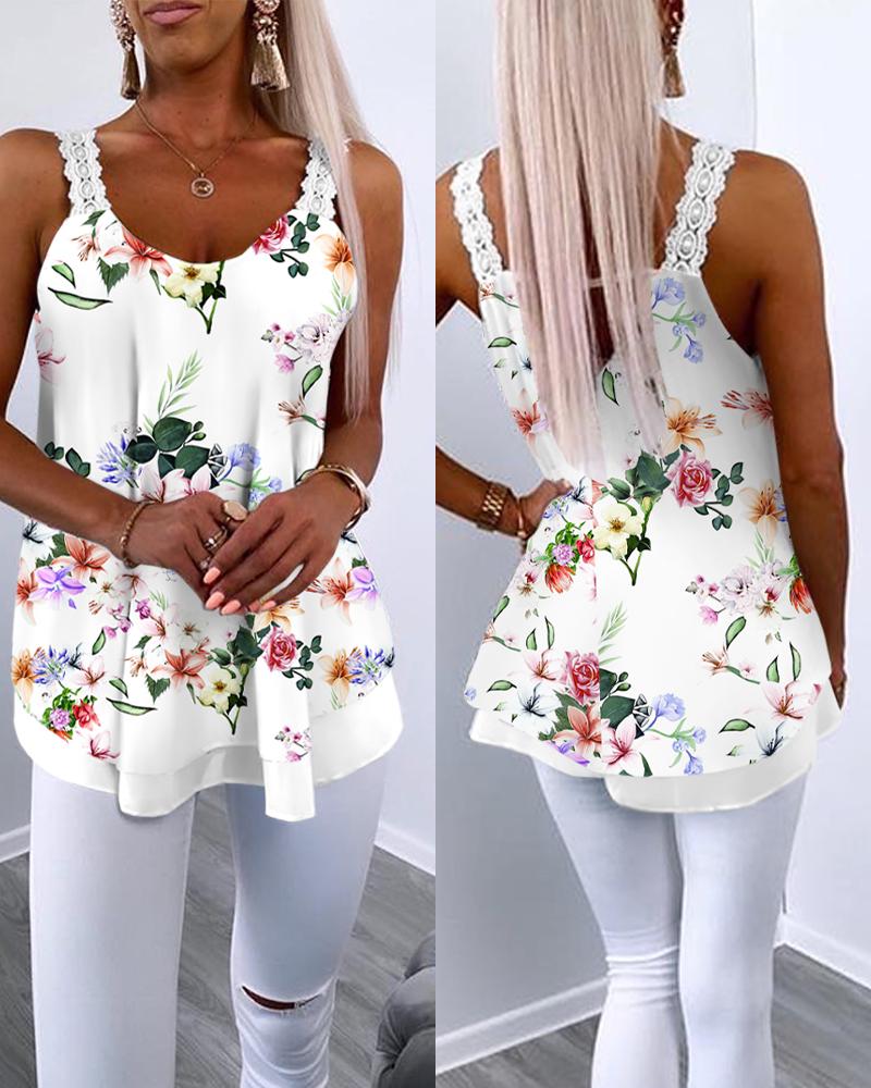 

Floral Print Lace Patch U-Neck Layered Tank Top, White