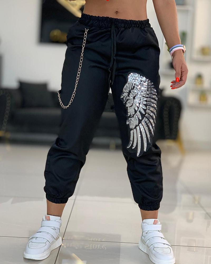 

Sequin Wings Pattern Drawstring Pants, Black