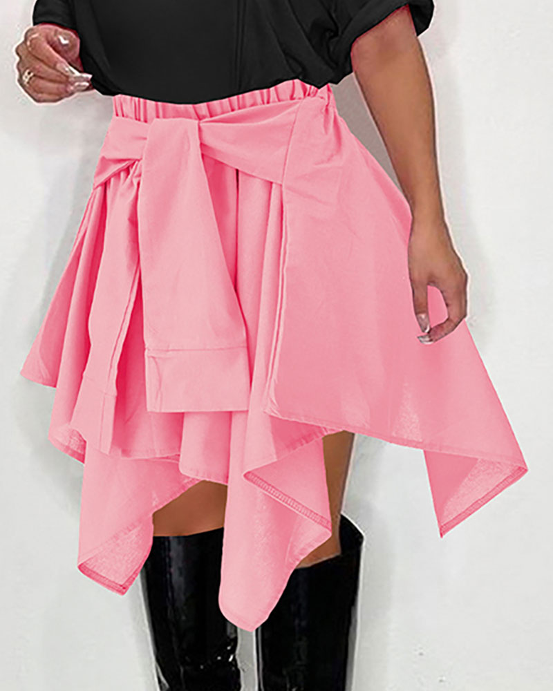 

Plain Tied Detail Asymmetrical Skirt, Pink