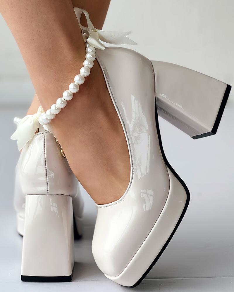 

Pearls Ankle Strap Platform Chunky Heel Pumps, Beige