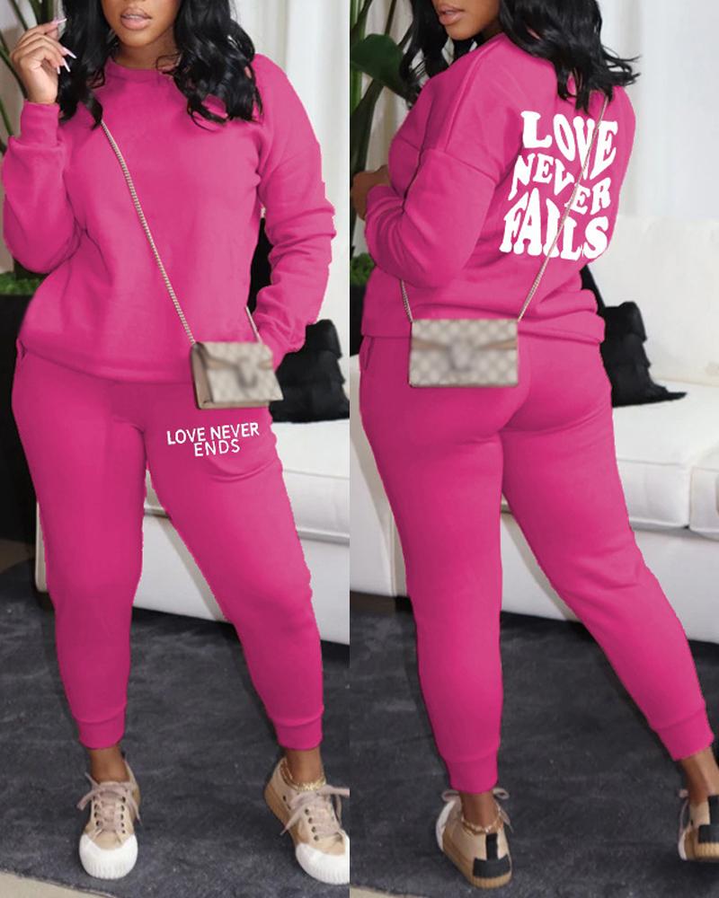 

Plus Size Letter Print Long Sleeve Top & Pants Set, Hot pink