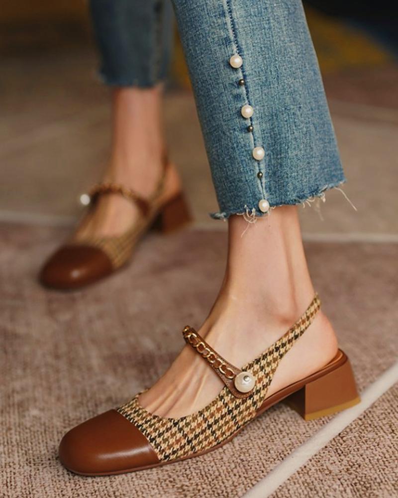 

Round-toe Splicing Houndstooth Print High Heels, Brown