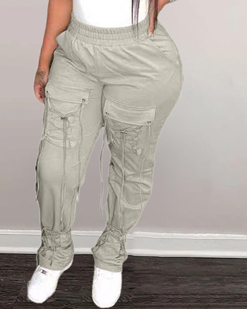 

Lace-up Design Casual Cargo Pants, Gray