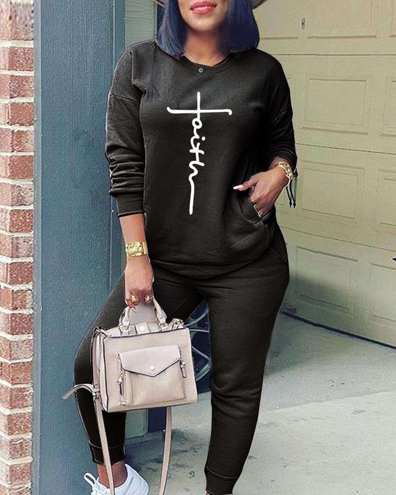 

Letter Pocket Design Top & Pants Set, Black