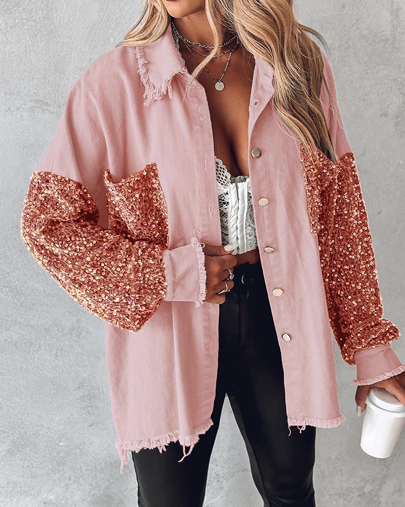 

Casual Jacket Sequin Patchwork Long Sleeve Jacket Top Button Front Raw Hem Oversized Denim Shacket, Light pink