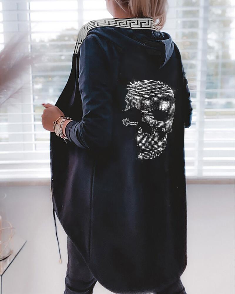

Rhinestone Skull Pattern Geo Trim Zip Up Hooded Coat, Black