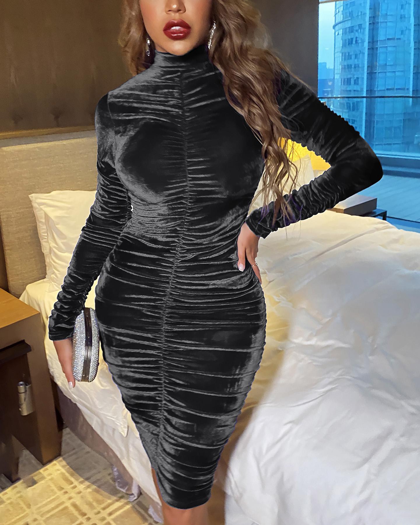

Velvet Mock Neck Ruched Bodycon Dress, Gray