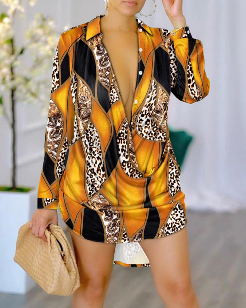 

Baroque Leopard Print Ruched Shirt Dress, Yellow