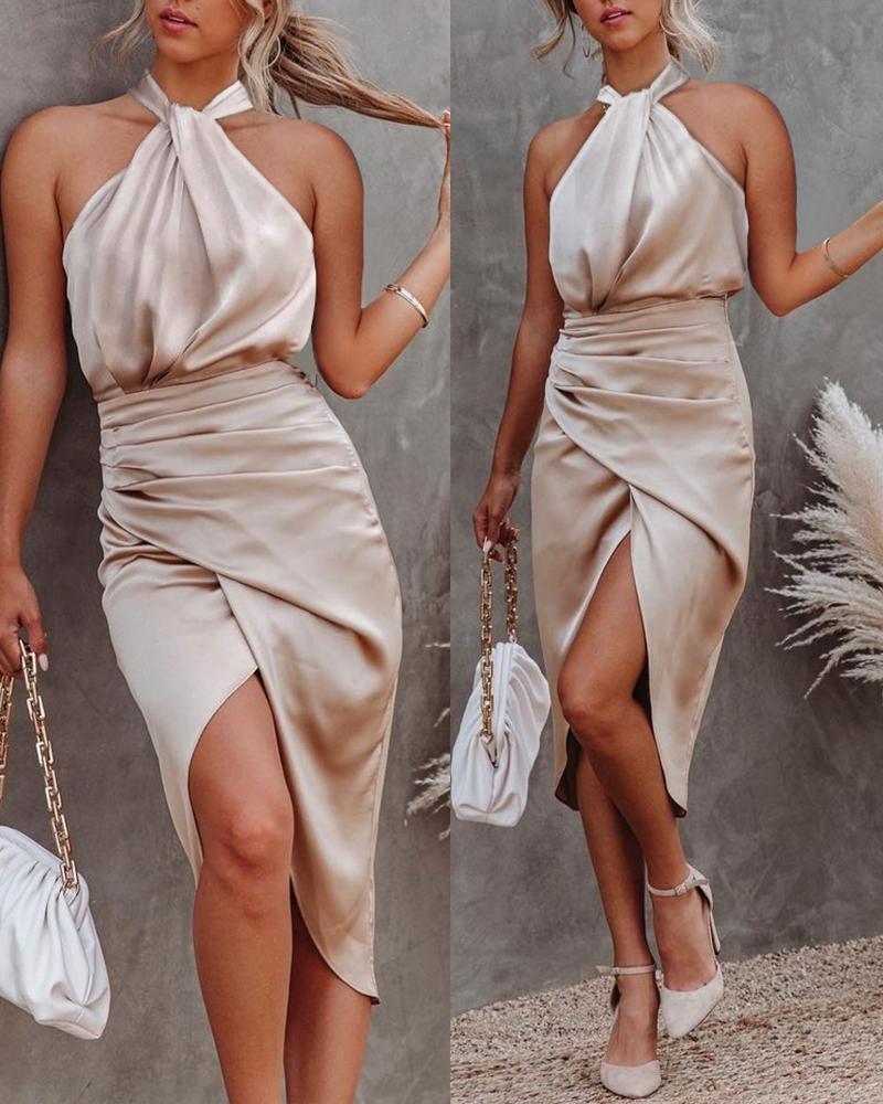 

Halter Sleeveless Ruched Slit Party Dress, Apricot