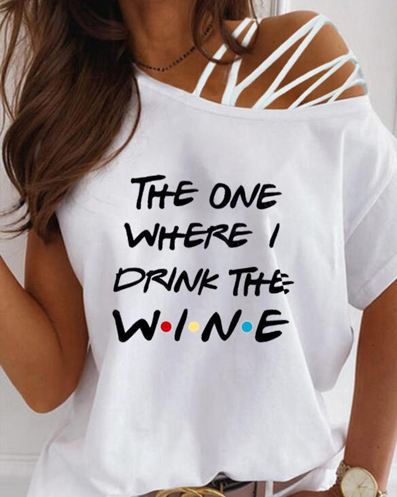 

SlashNeck Lace-up Letter Print T-shirt, White