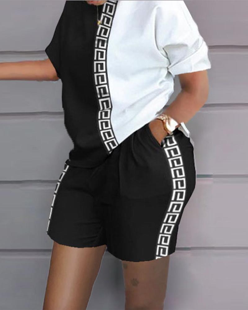 

Plus Size Geo Print Colorblock Casual Top & Shorts Set, Blackwhite