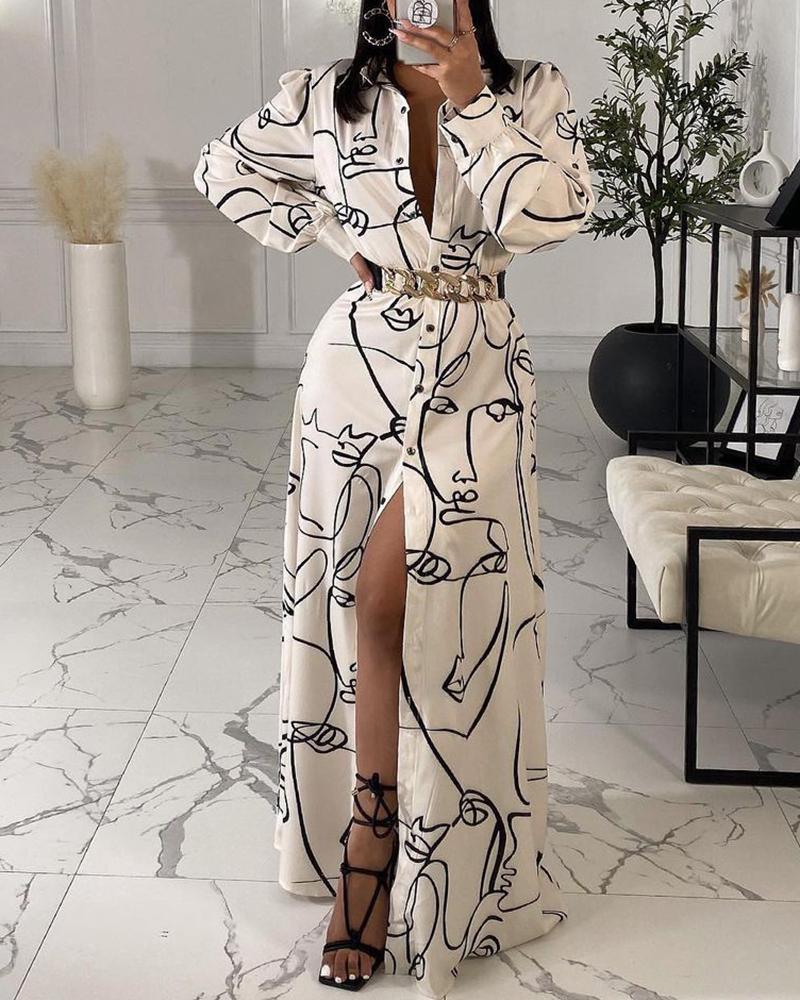 

Figure Print Lantern Sleeve Buttoned Shirt Dress, Beige