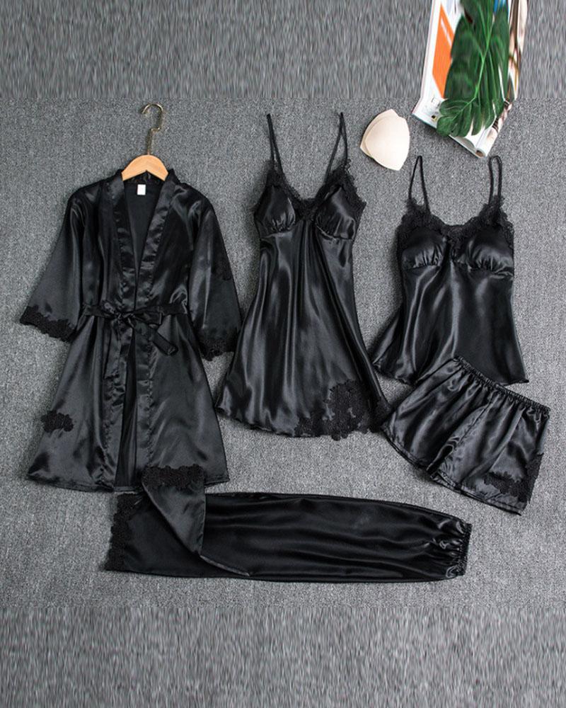 

5PCS Contrast Lace Cami Set With Nightdress & Belted Robe, Black