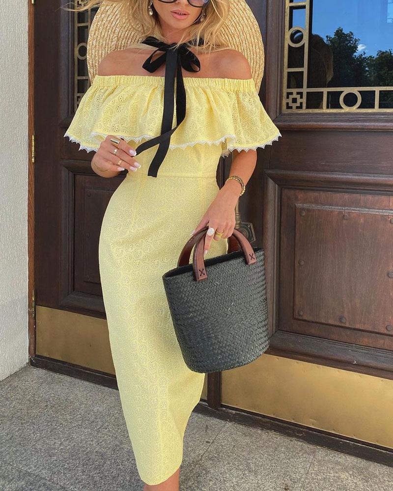 

Off Shoulder Eyelet Embroidery Lace Trim Casual Dress, Yellow