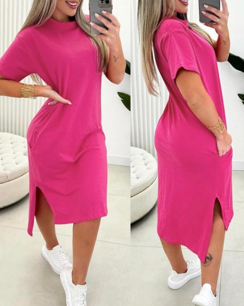 

Side Slit Pocket Design Asymmetrical Casual Dress, Hot pink