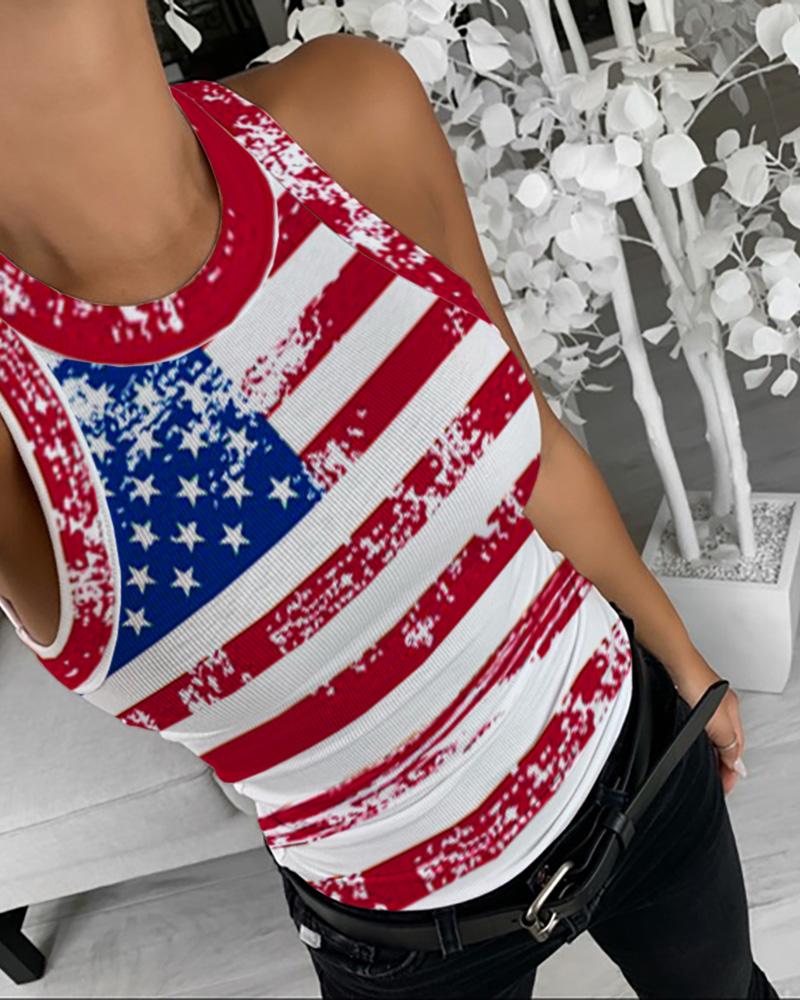 

Flag Pattern Print O-neck Tank Top, White