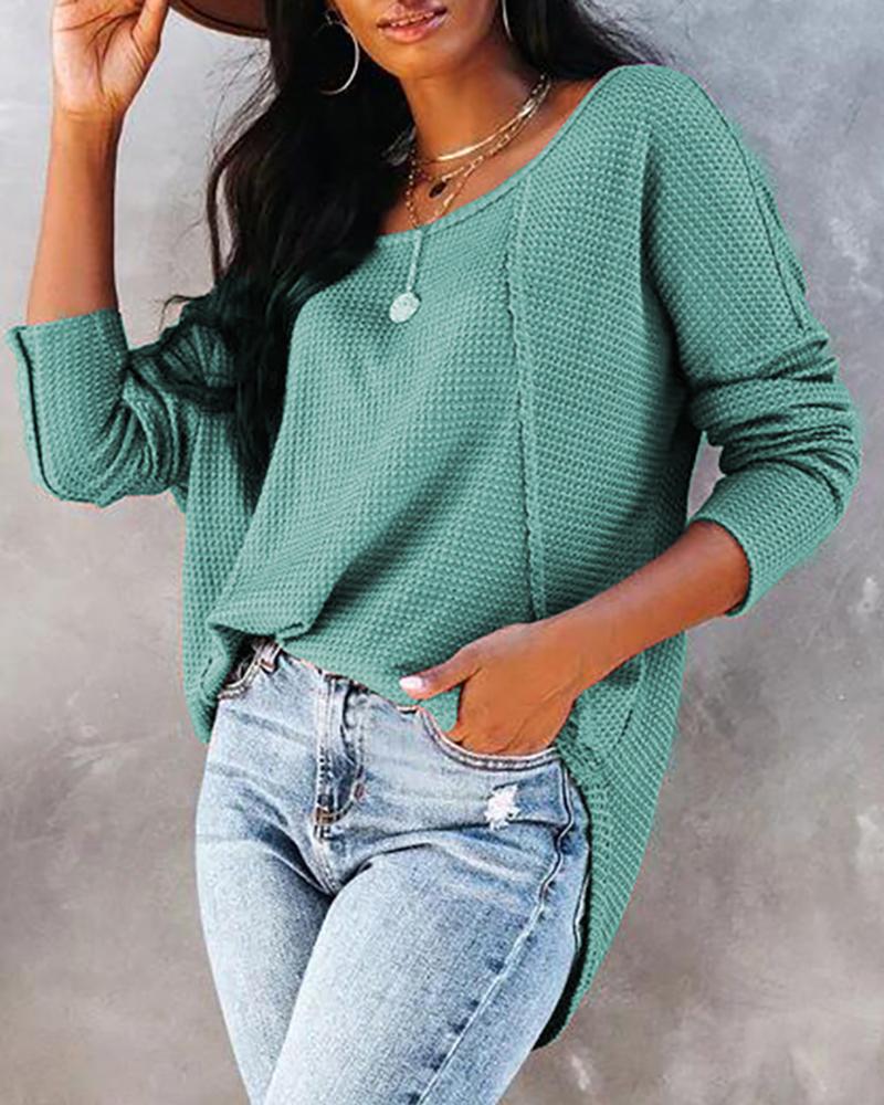 

Button Decor Knit Long Sleeve O-neck Top, Green