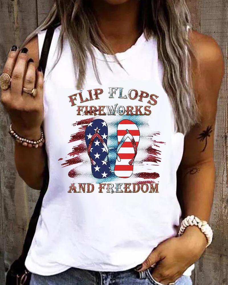 

Independence Day Flip Flops Fireworks And Freedom American Flag Print Tank Top, White