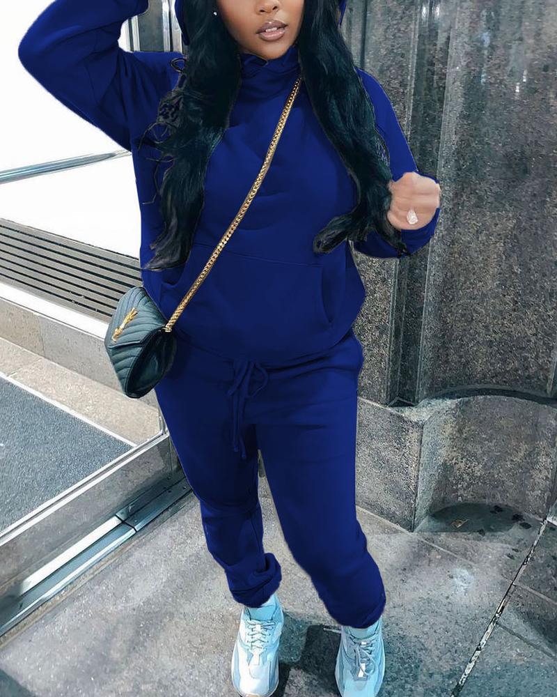 

Plus Size Long Sleeve Drawstring Hoodie & Pants Set, Blue