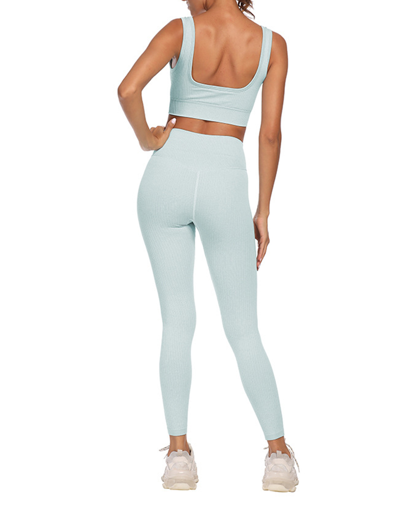 

Plain Sleeveless Low Cut High Waist Skinny Active Sets, Blue