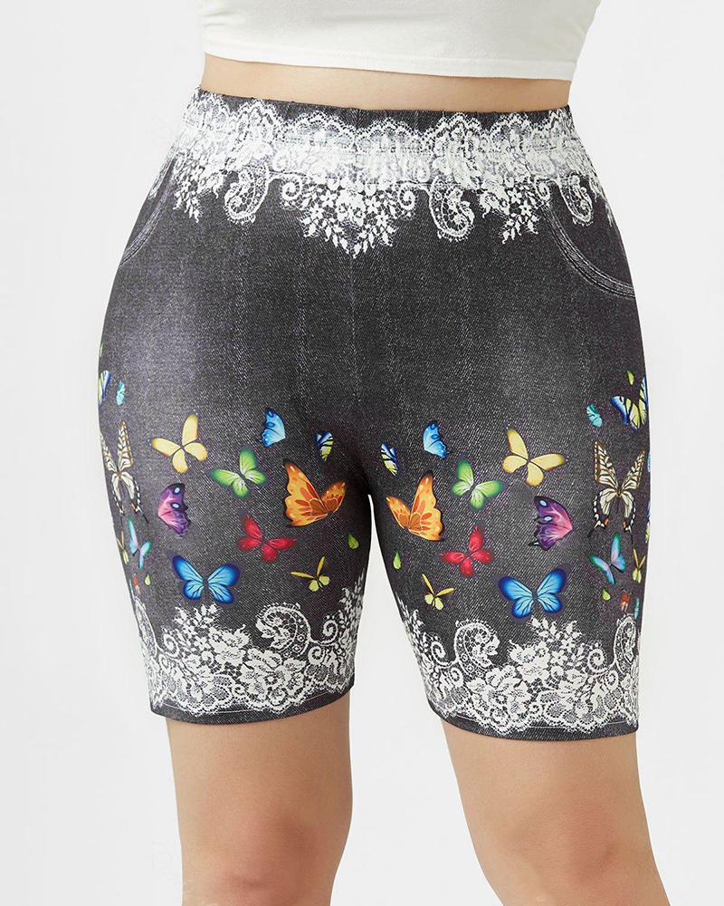 Plus Size Denim Look Butterfly Floral Print Biker Shorts