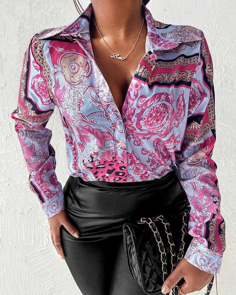 

Cheetah Scarf Print Long Sleeve Shirt, Hot pink