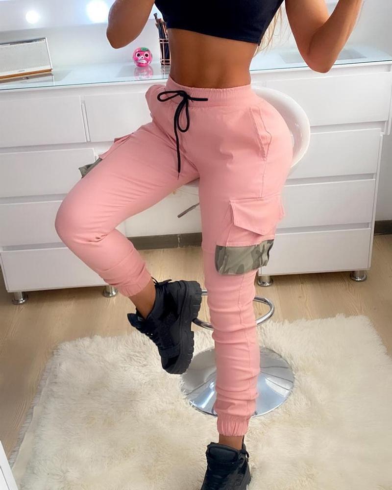 

Colorblock Drawstring Pocket Design Pants, Pink