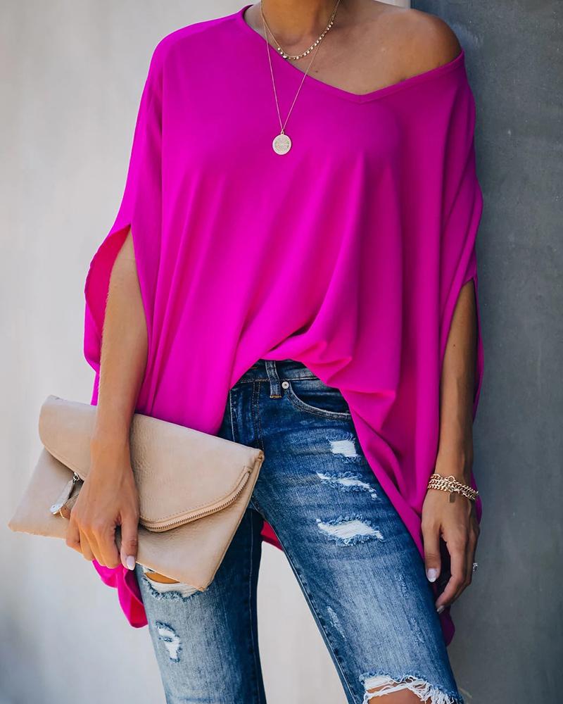 

Solid Color Bat Sleeve Women Blouse, Hot pink