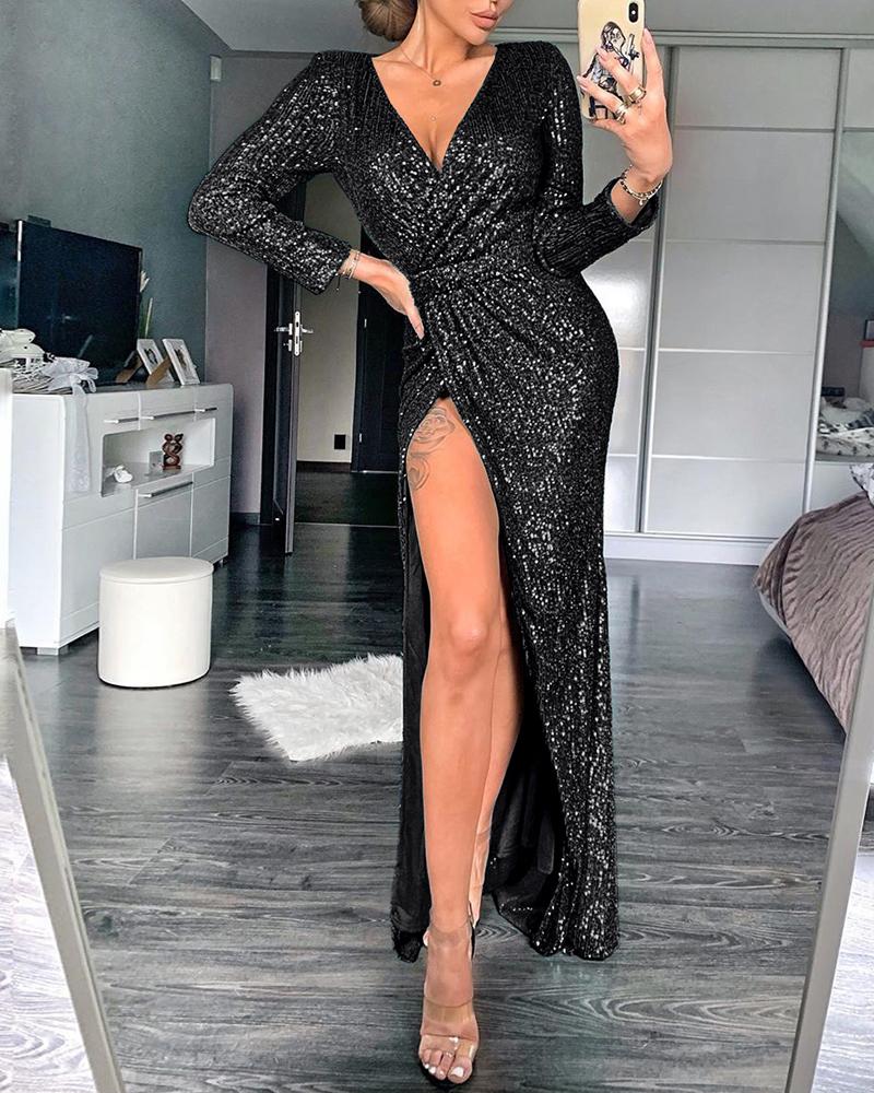 

Wrap Ruched Irregular Sequin Party Dresses, Black