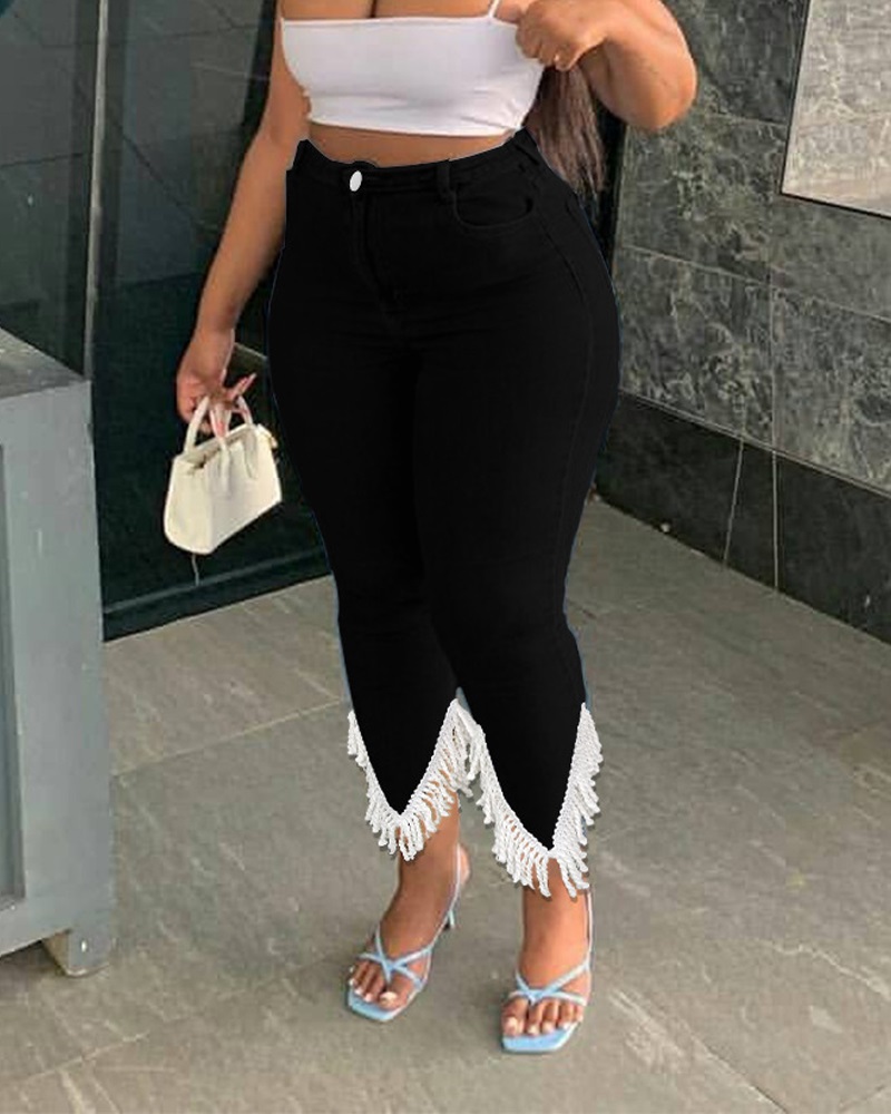 

Plus Size Tassel Trim Zipper Fly Skinny Jeans, Black