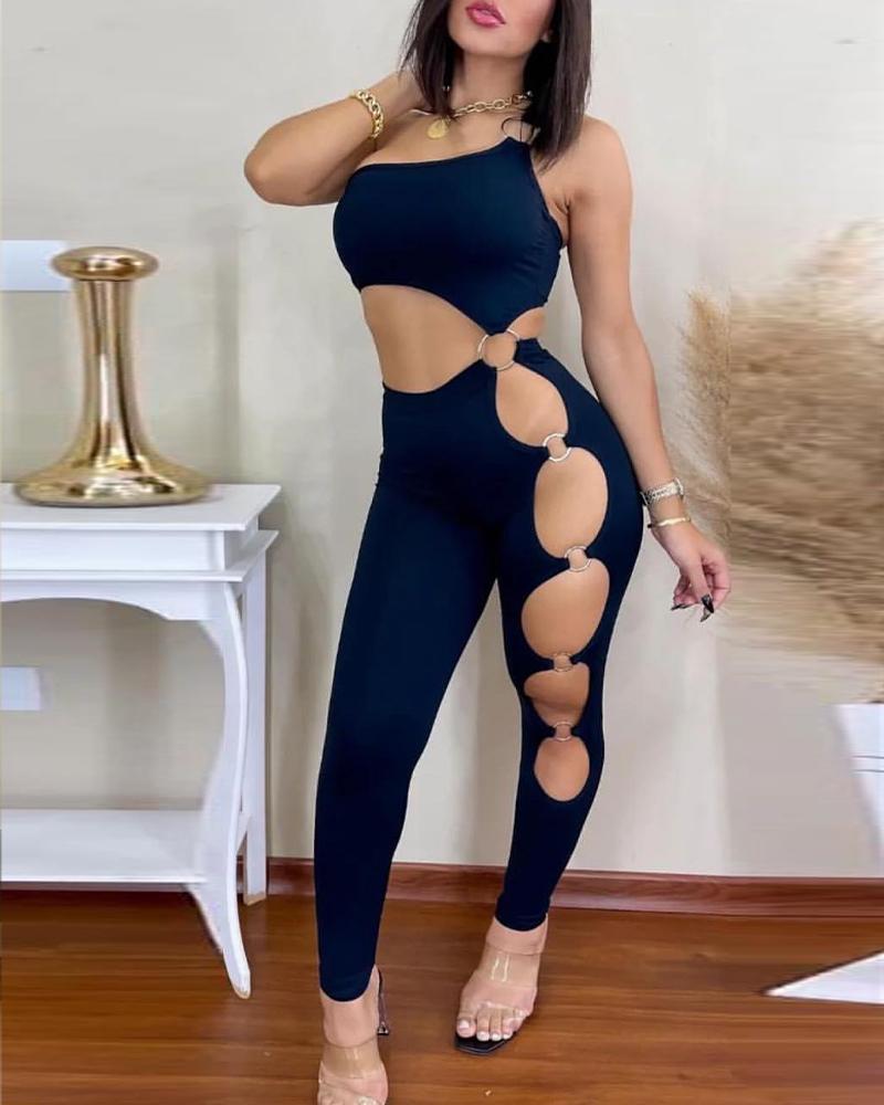 

One Shoulder O-Ring Cutout Skinny Jumpsuit, Black
