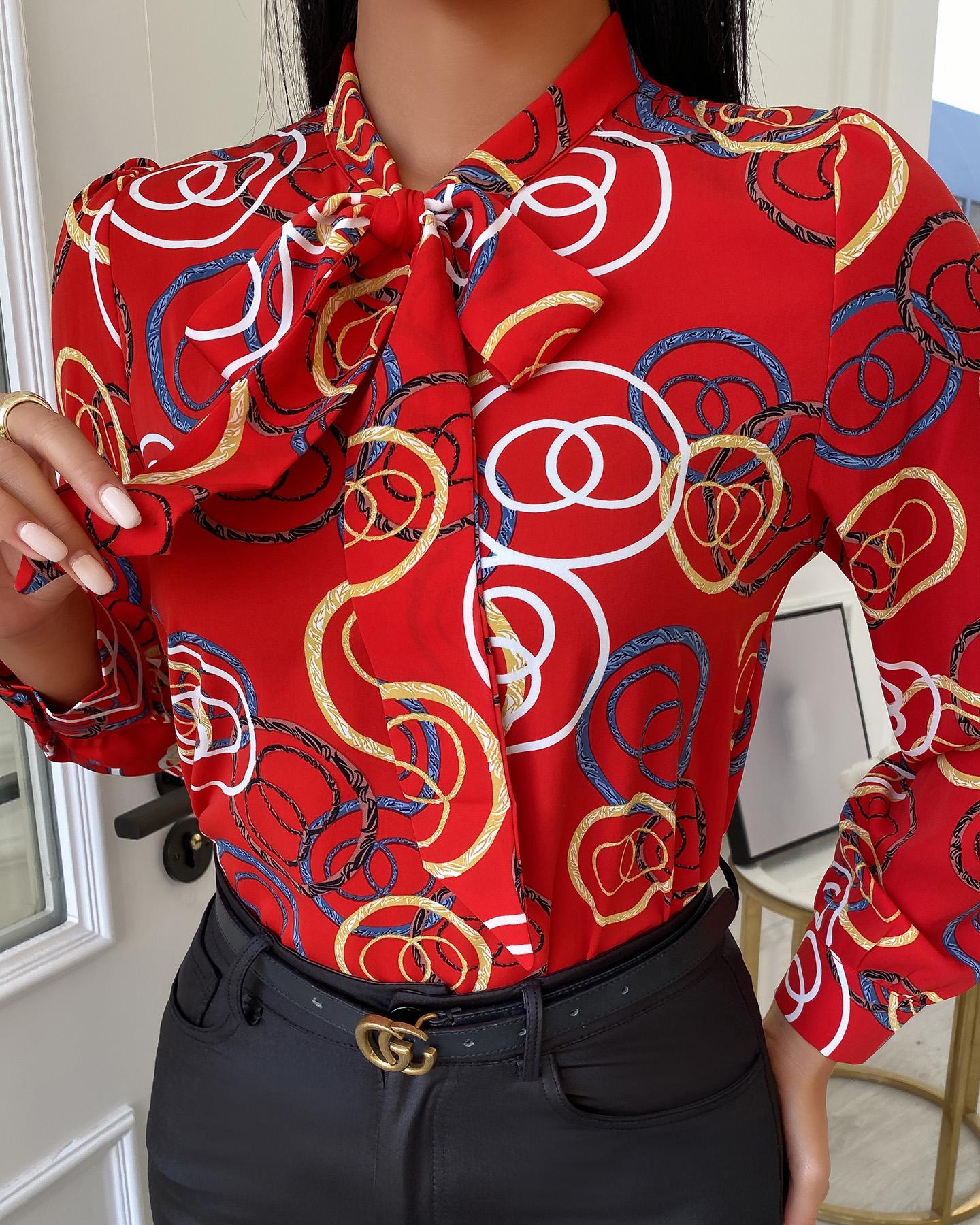 

Tie Neck Scarf Print Long Sleeve Blouse, Red