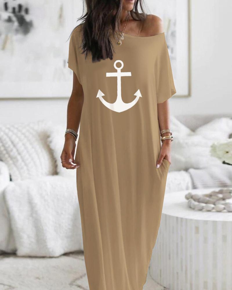 

Vestido longo com estampa de âncora, ombro vazado, manga curta, casual, bolso, ajuste solto, maxi vestido, Khaki
