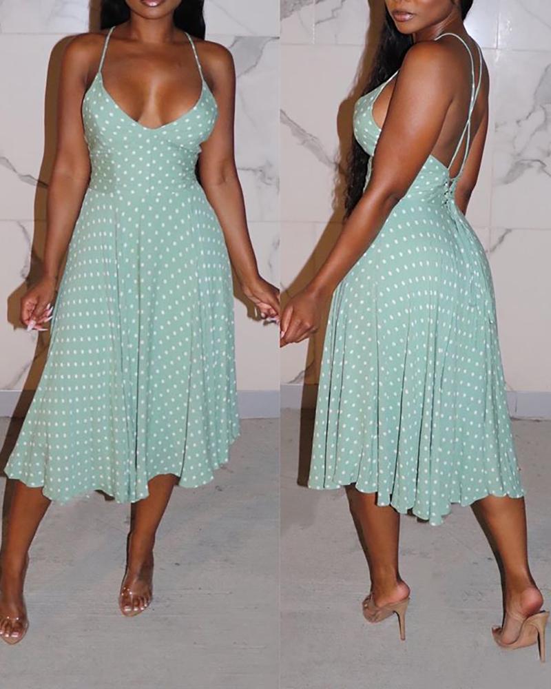 

Dot Ruffles Spaghetti Strap Backless Dress, Green