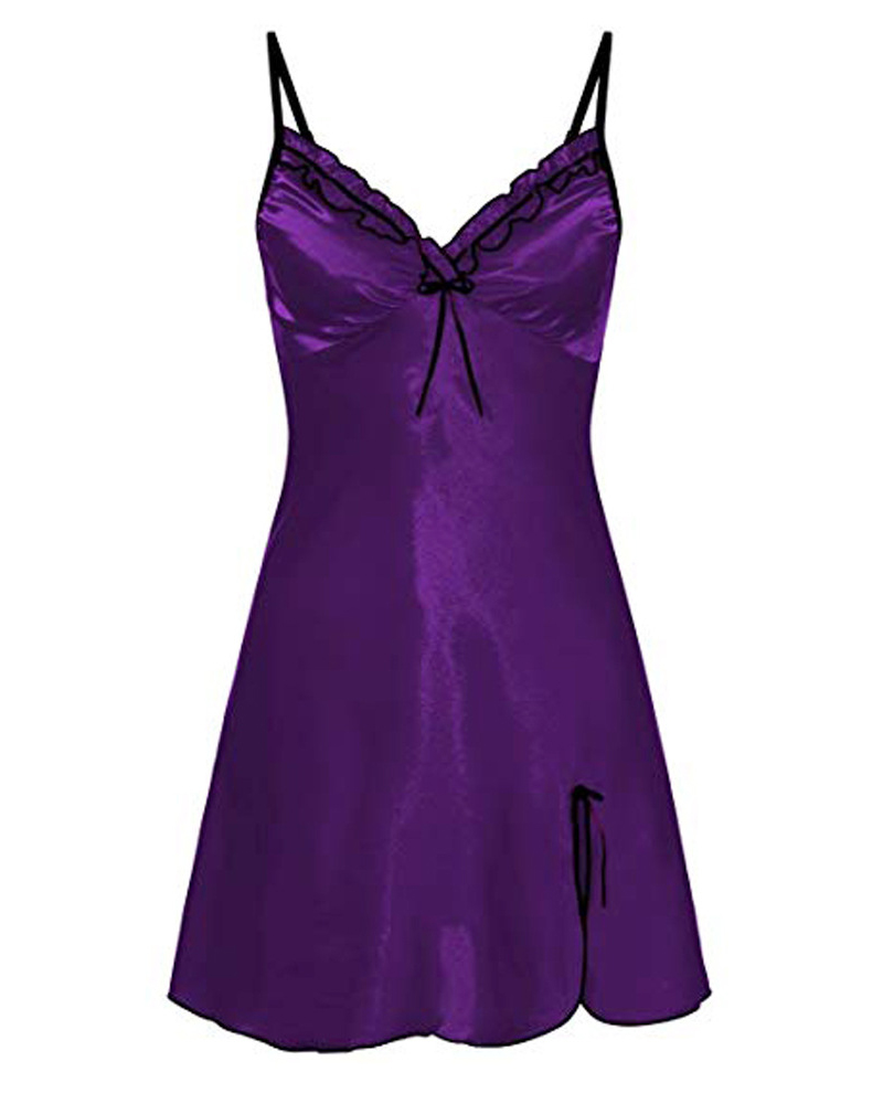 

Spaghetti Strap Bowknot Decor Slit Sleep Dress, Purple