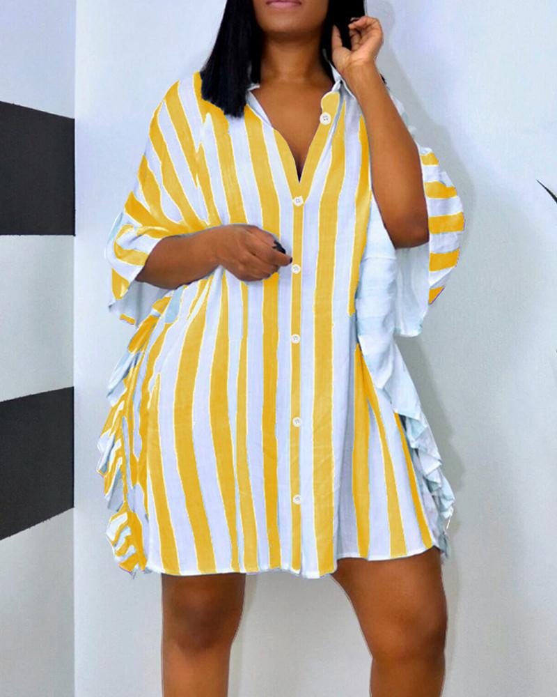 

Striped Ruffle Hem Button Up Shirt Dress, Yellow