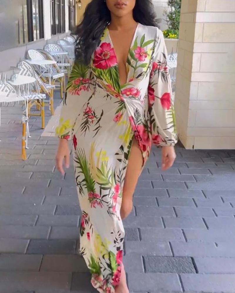 

Tropical Print Plunge Ruched Dress, White