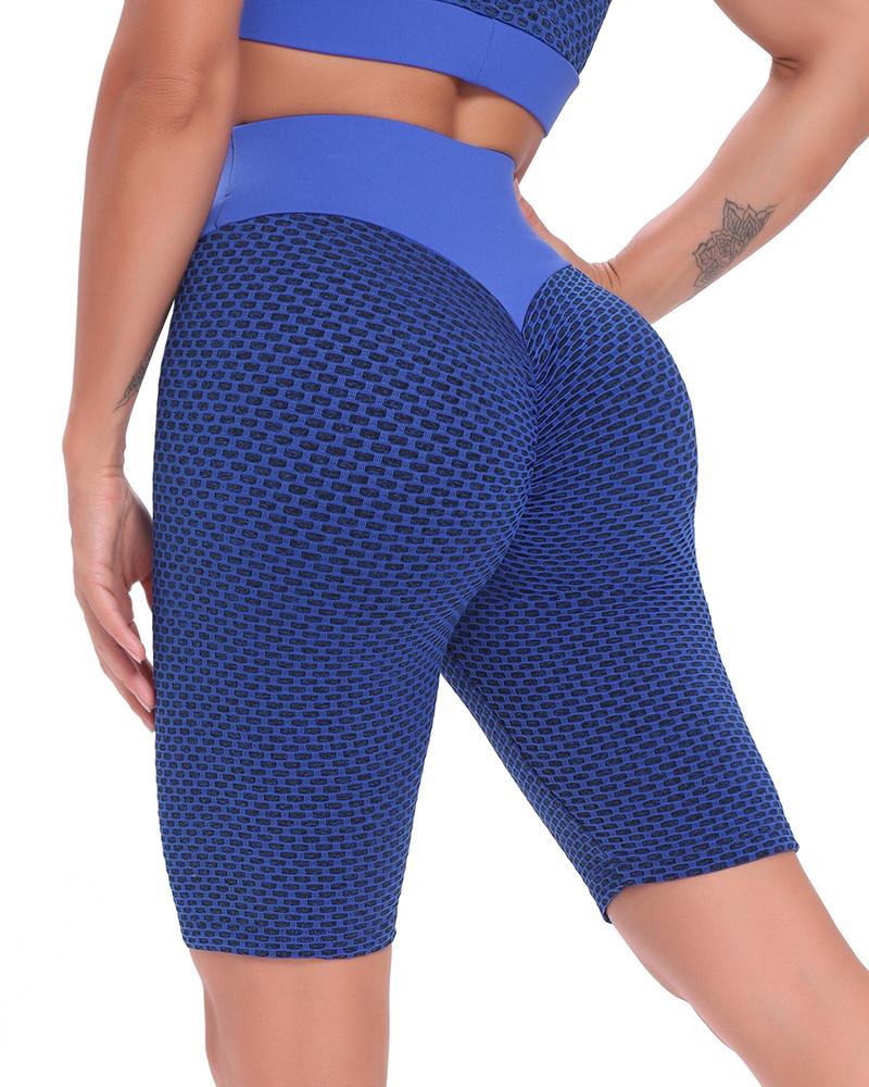 

High Waist Fishnet Skinny Short Sport Pants, Blue