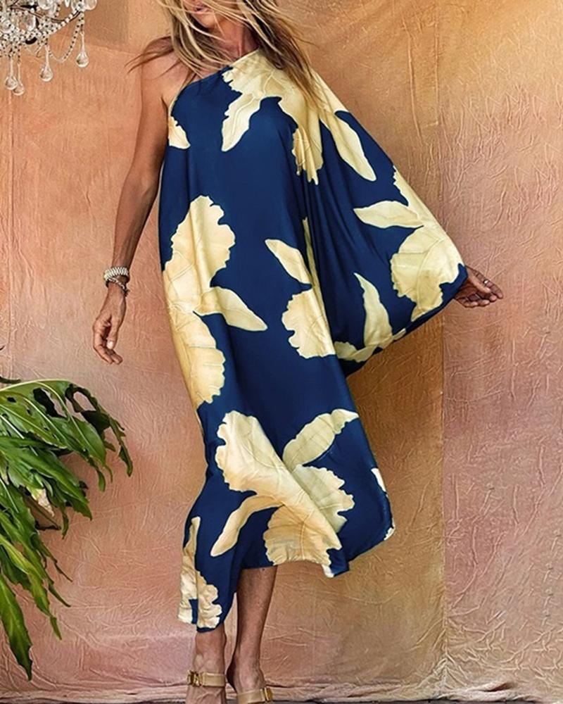 

One Shoulder Floral Print Asymmetrical Maxi Dress, Dark blue